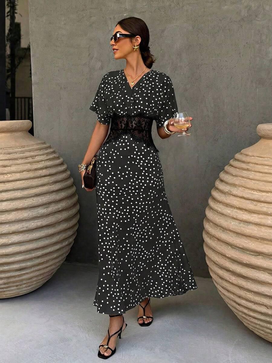 SHEIN MAXI SUKIENKA WZÓR GROSZKI KORONKA S09__L