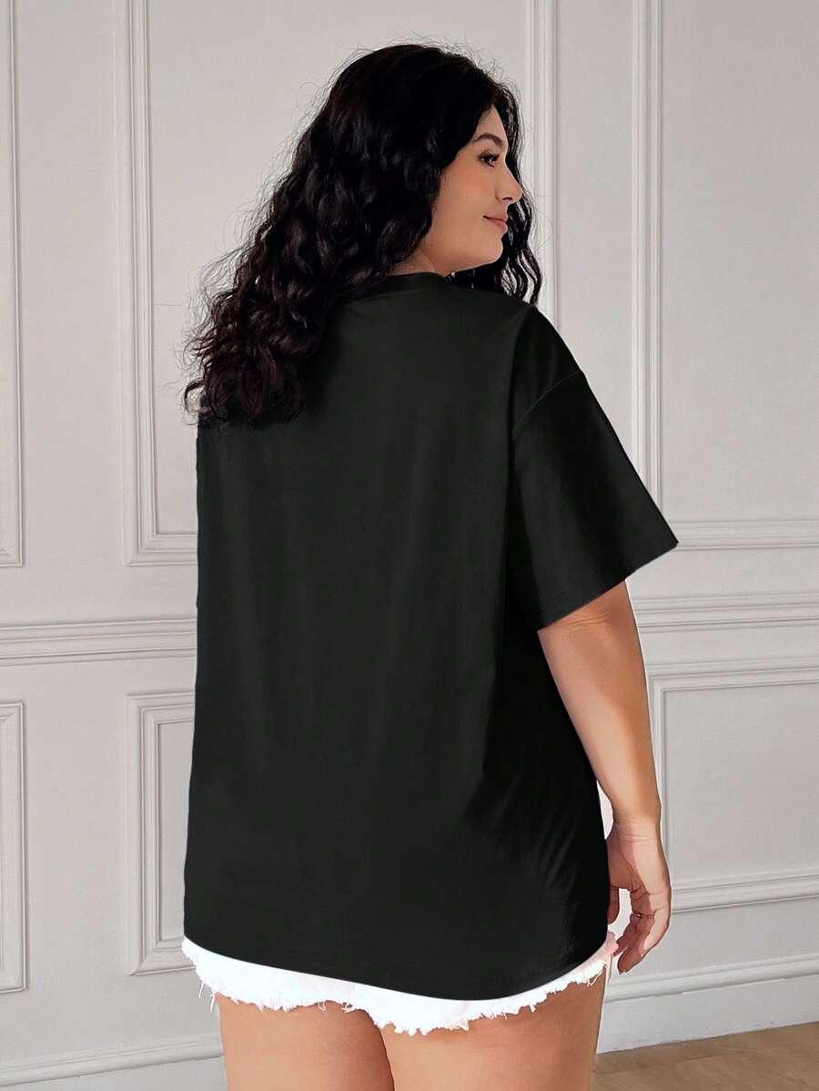 SHEIN CZARNY T-SHIRT OKRĄGŁY DEKOLT KWIATY HAFT S06__46