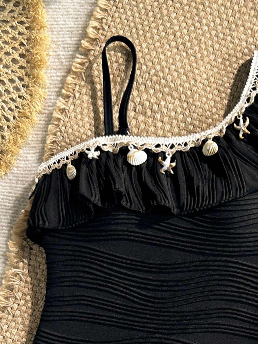 SHEIN CZARNY JEDNOCZĘŚCIOWY STRÓJ KĄPIELOWY PAREO KOMPLET S09__140-146