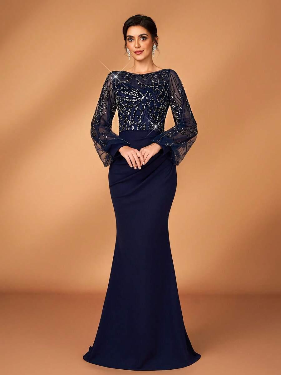 SERIN GRANATOWA SUKIENKA MAXI CEKINY S06__L