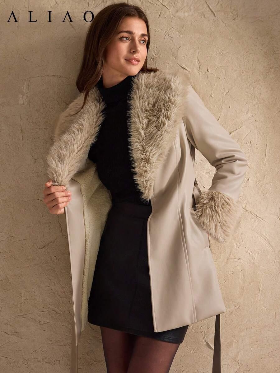 SHEIN BEŻOWY PŁASZCZ SZTUCZNE FUTRO W01__S