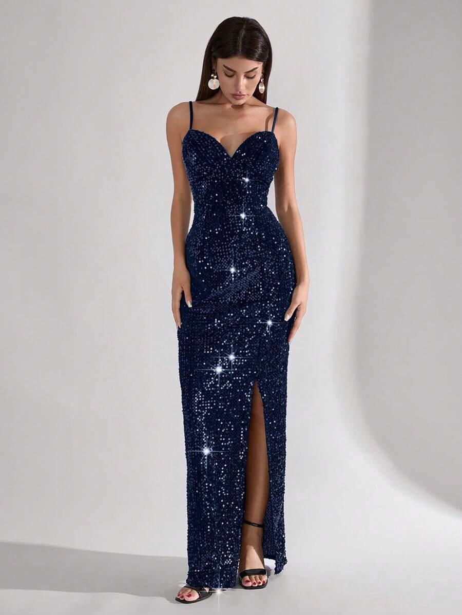 SHEIN GRANATOWA MAXI SUKIENKA CEKINY S06__XL