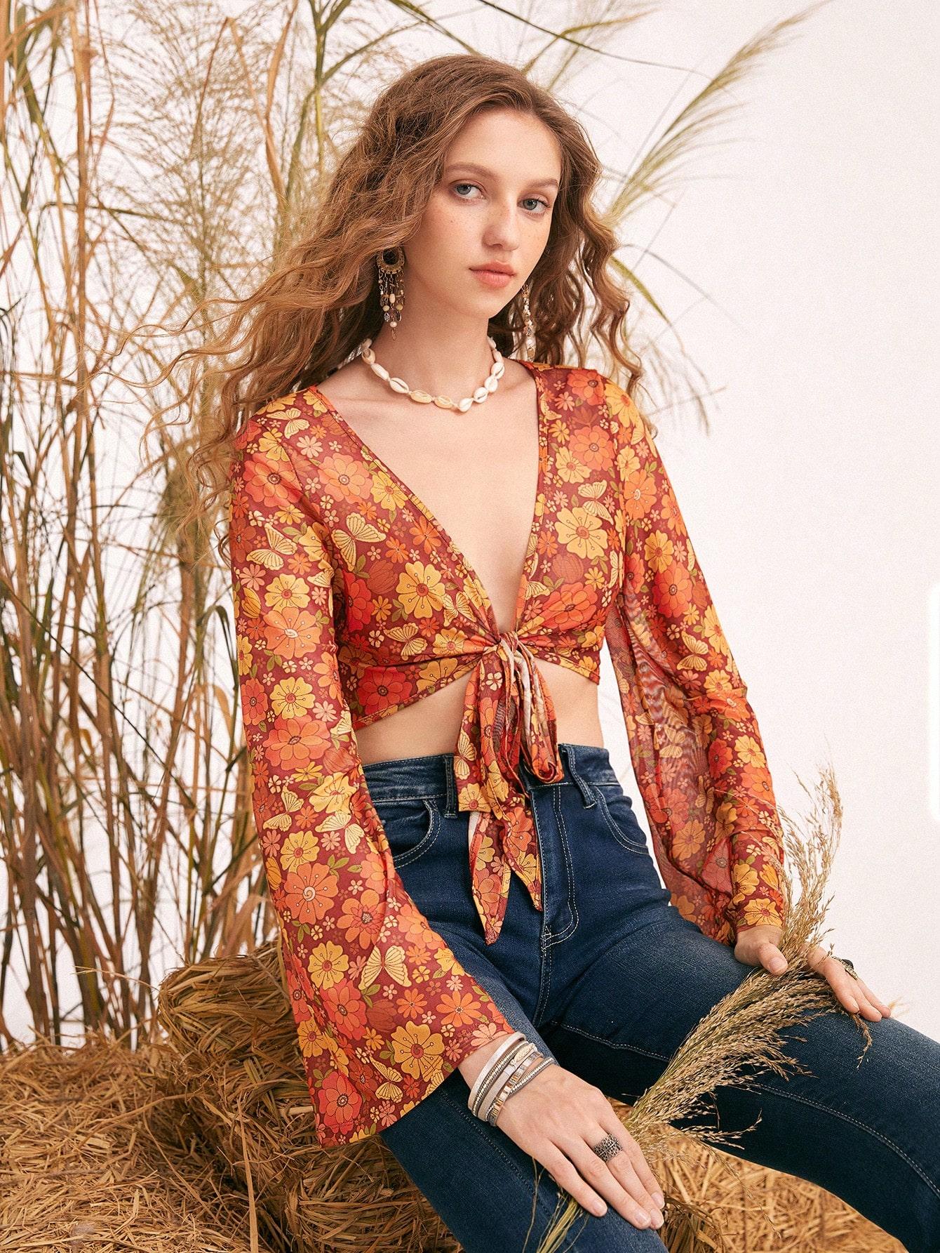 SHEIN TOP DŁUGI RĘKAW WZÓR KWIATY WIĄZANIE PK01__M