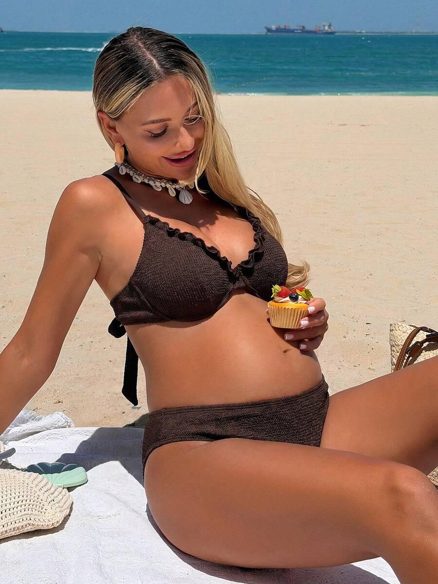 SHEIN BRĄZOWY CIĄŻOWY DWUCZĘŚCIOWY STRÓJ KĄPIELOWY S06__L
