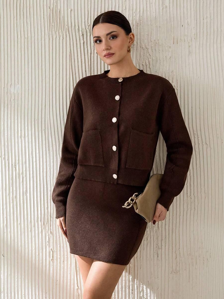 CLARA VERO BRĄZOWY KOMPLET SWETER SPÓDNICA S06__M