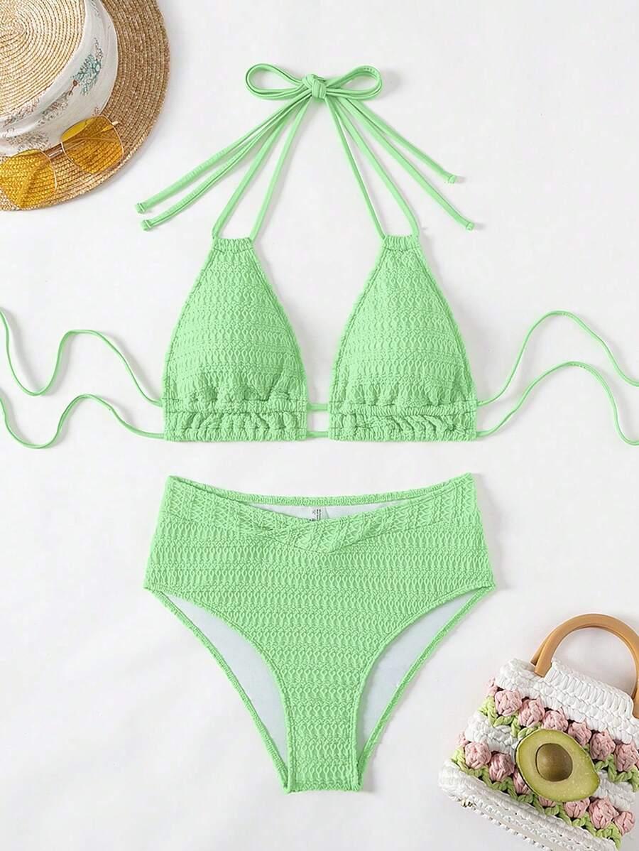 SHEIN ZIELONY DWUCZĘŚCIOWY STRÓJ KĄPIELOWY TEKSTURA S09__M