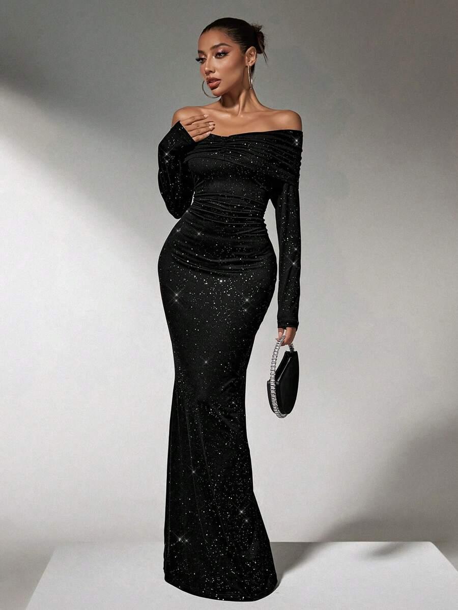 SHEIN CZARNA MAXI SUKIENKA POŁYSK S06__M