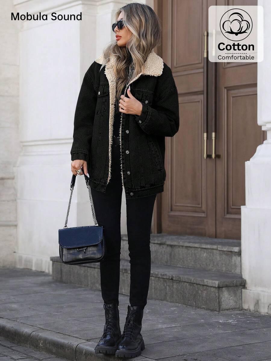 SHEIN CZARNA JEANSOWA OCIEPLANA KURTKA W01__S