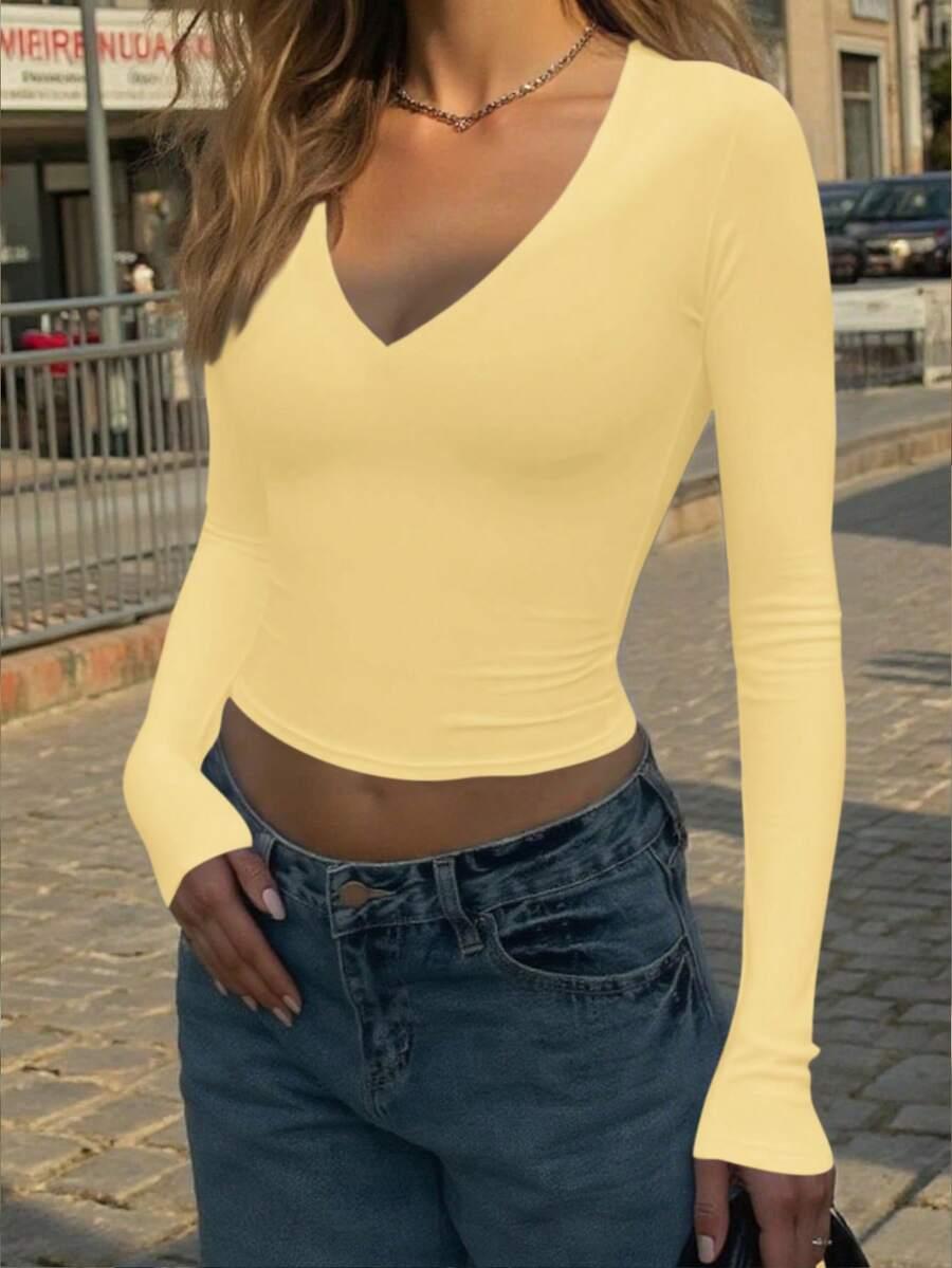 SHEIN ŻÓŁTY TOP V NECK DŁUGI RĘKAW S06__M