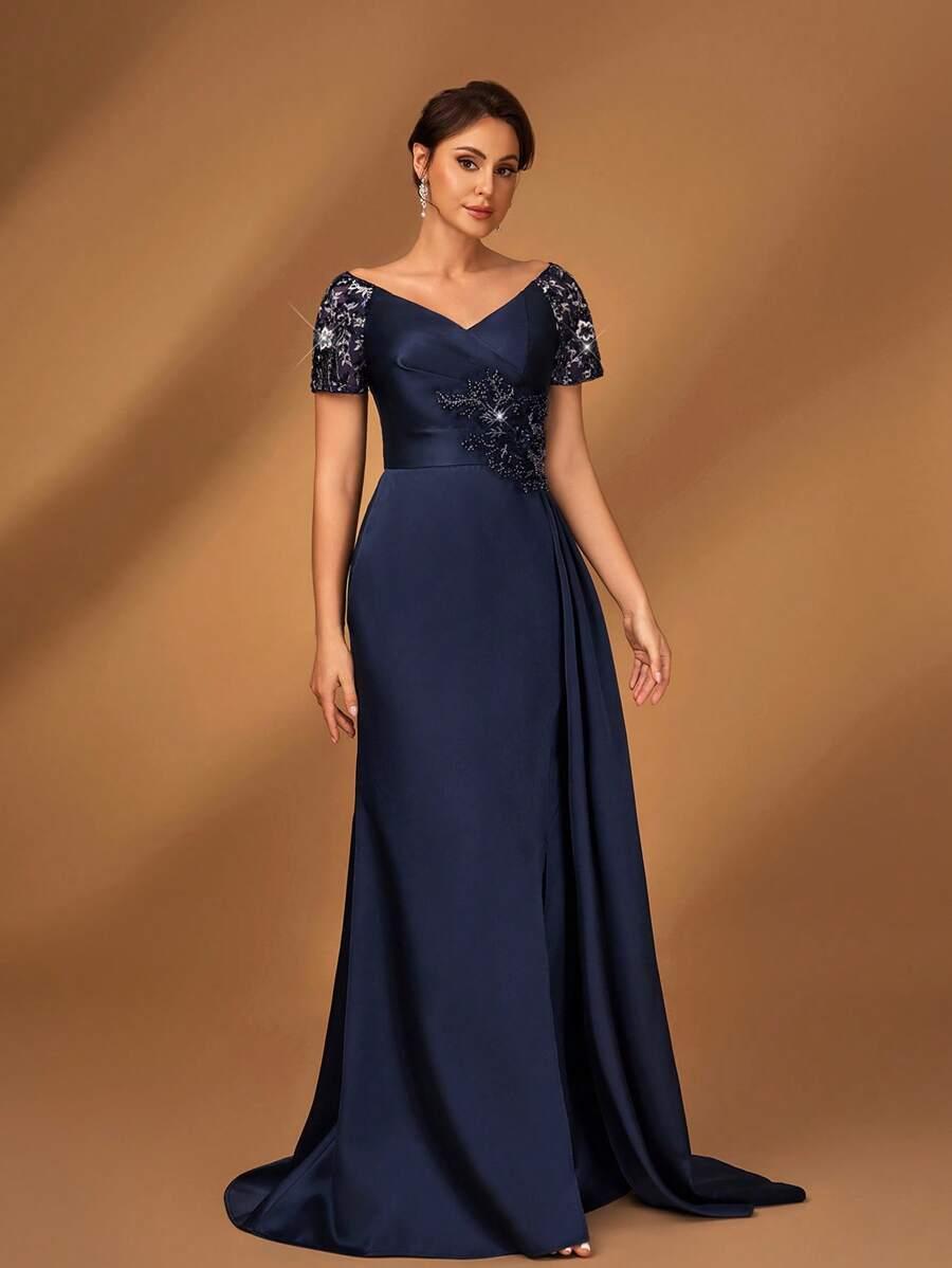 SHEIN GRANATOWA MAXI SUKIENKA ZDOBIENIE S09__L
