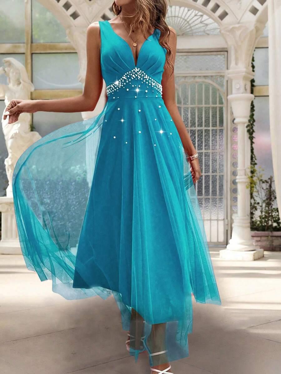 SHEIN NIEBIESKA MAXI SUKIENKA PERŁY S06__M