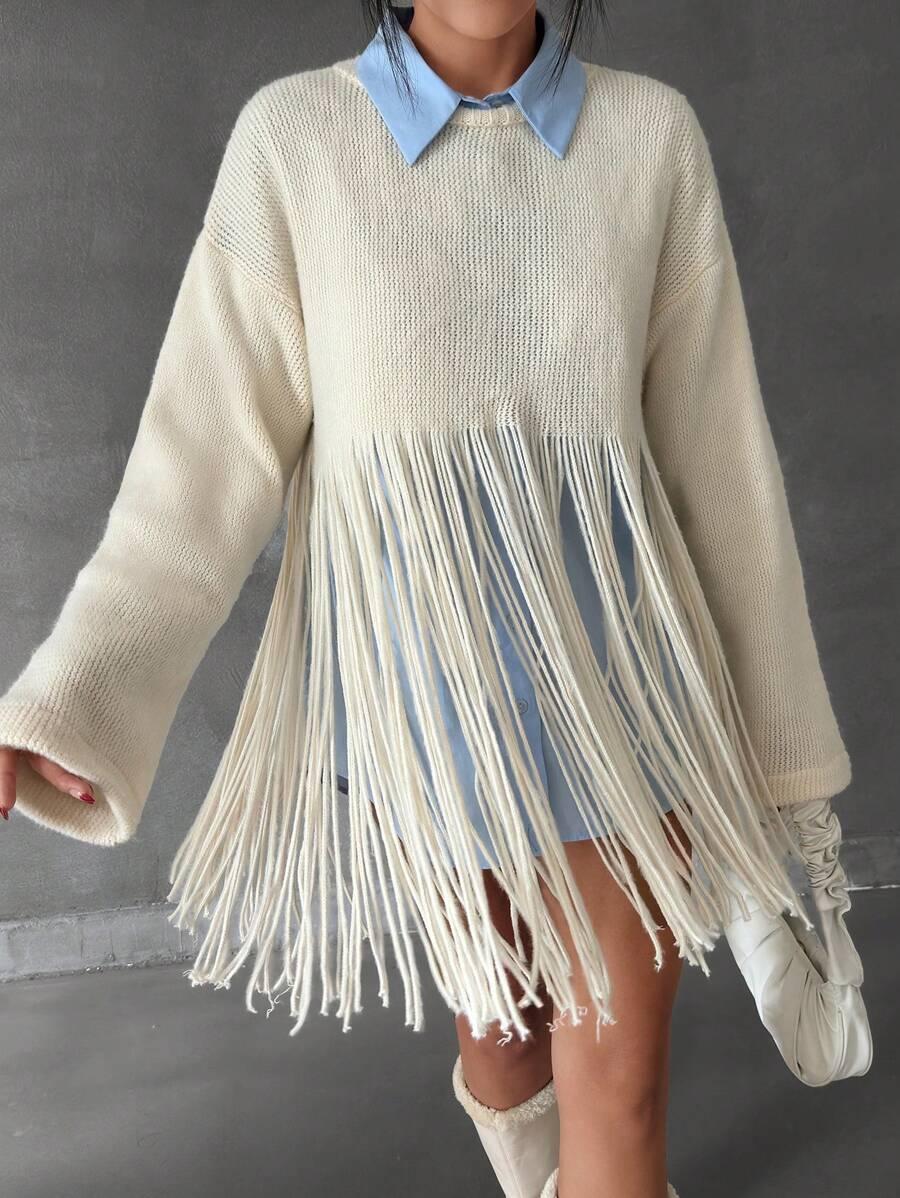 SHEIN SWETER OKRĄGŁY DEKOLT FRĘDZLE S09__OS