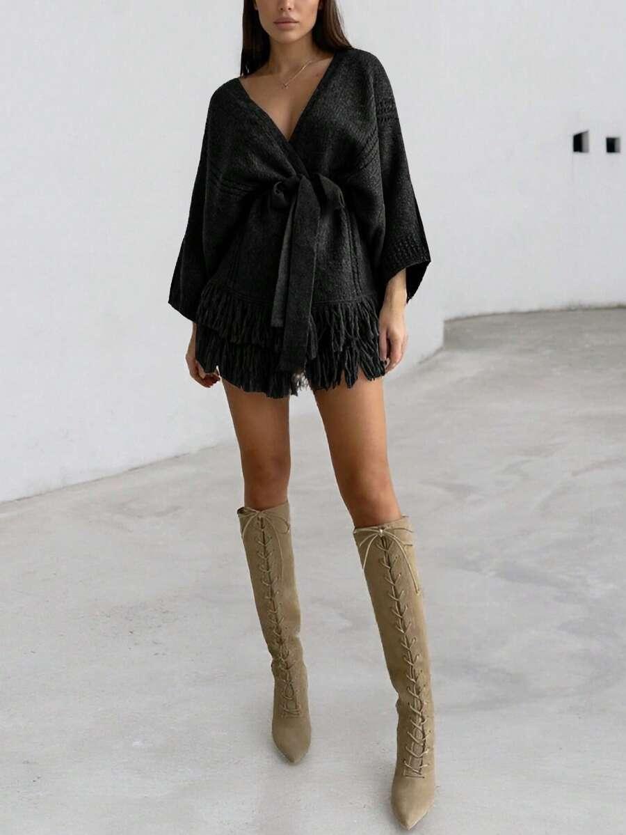 SHEIN CZARNY SWETER KARDIGAN FRĘDZLE S06__M
