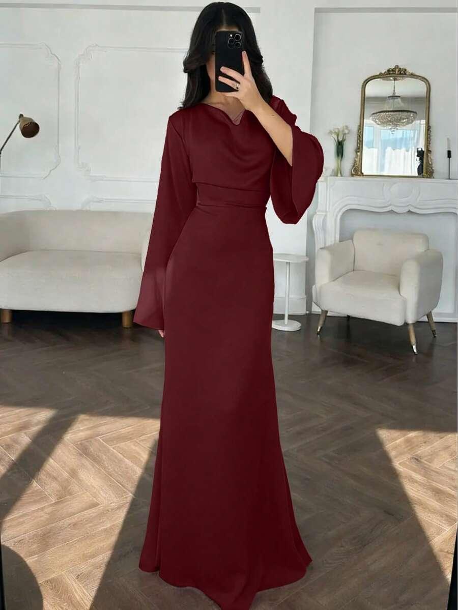 SHEIN BORDOWA MAXI SUKIENKA DŁUGI RĘKAW S06__M