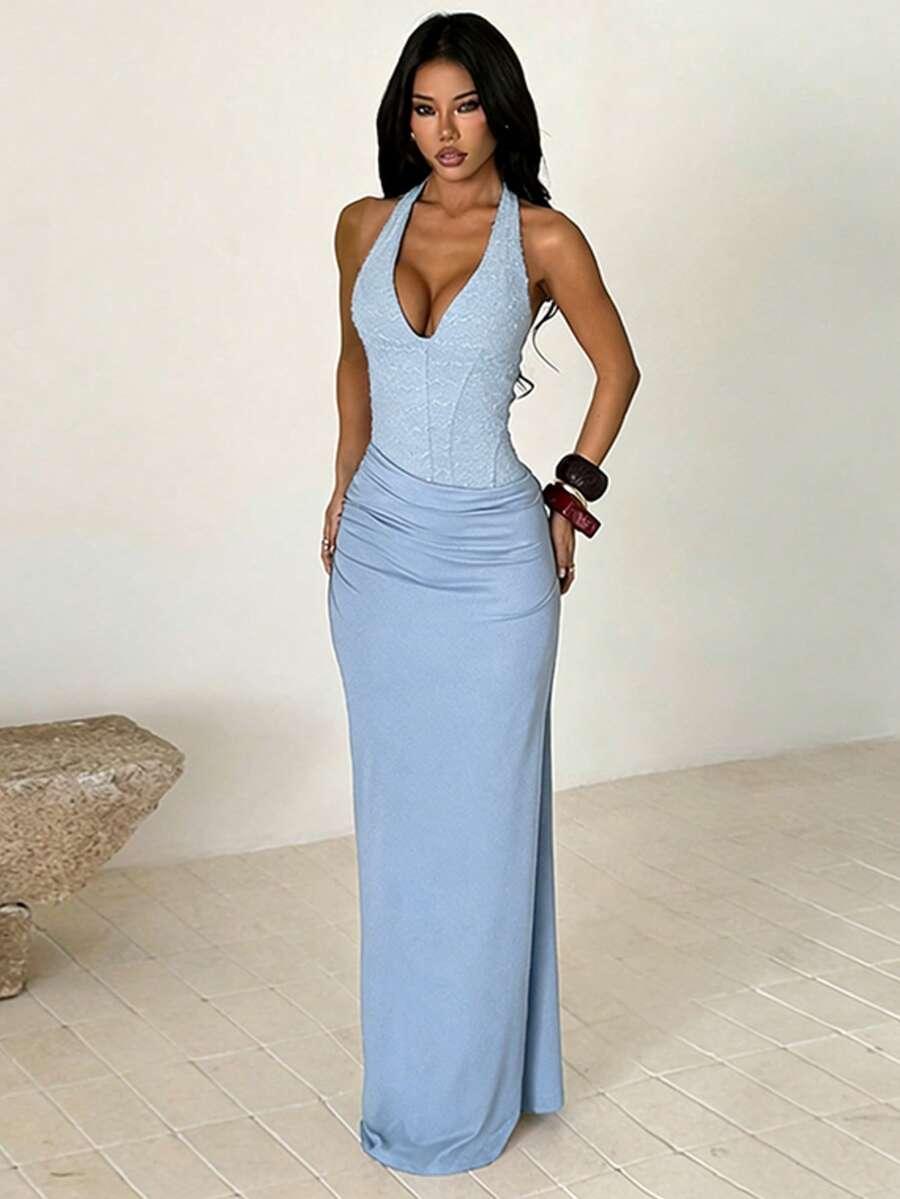 SHEIN NIEBIESKA MAXI SUKIENKA WIĄZANIE S06__S