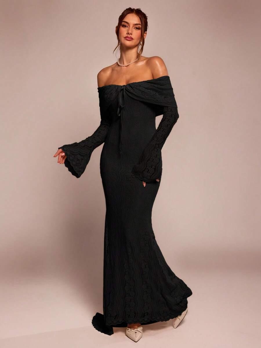 SHEIN CZARNA MAXI SUKIENKA KORONKA S06__M