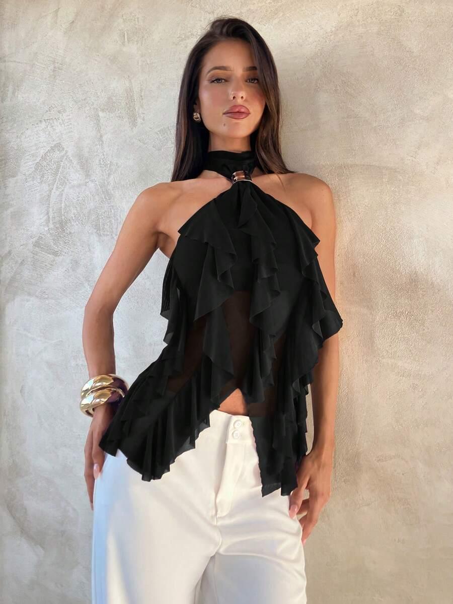 SHEIN CZARNY TOP FALBANY S06__L
