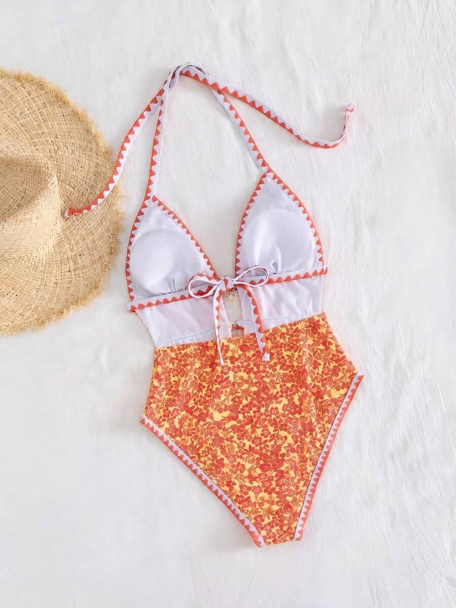 SHEIN POMARAŃCZOWY STRÓJ KĄPIELOWY JEDNOCZĘŚCIOWY PRINT S09__L
