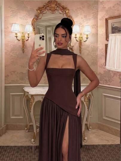 SHEIN BRĄZOWA MAXI SUKIENKA S06__S