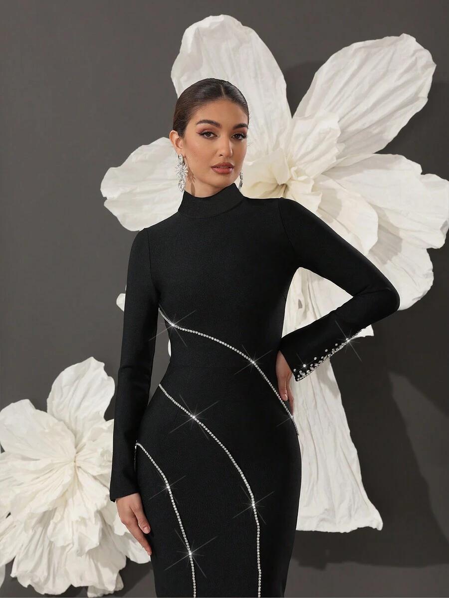 SHEIN CZARNA MAXI SUKIENKA ZDOBIENIA S06__XL