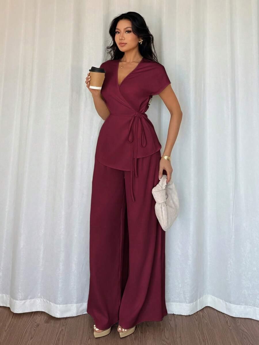 SHEIN CZERWONY KOMPLET BLUZKA SPODNIE S06__L