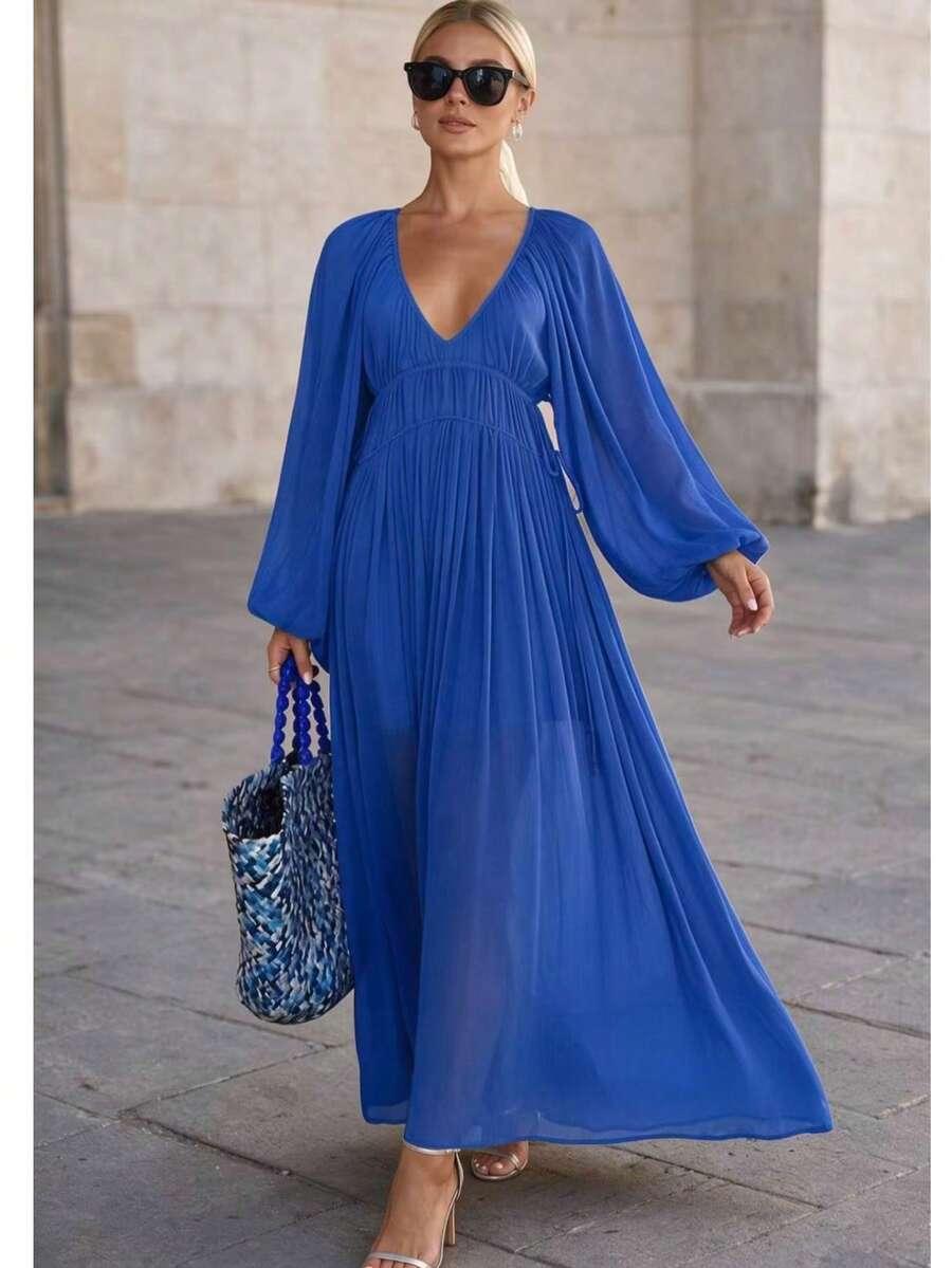 SHEIN NIEBIESKA MAXI SUKIENKA DŁUGI RĘKAW S09__M