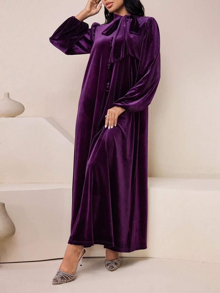 SHEIN WELUROWA MAXI SUKIENKA WIĄZANIE DŁUGI RĘKAW S06__L