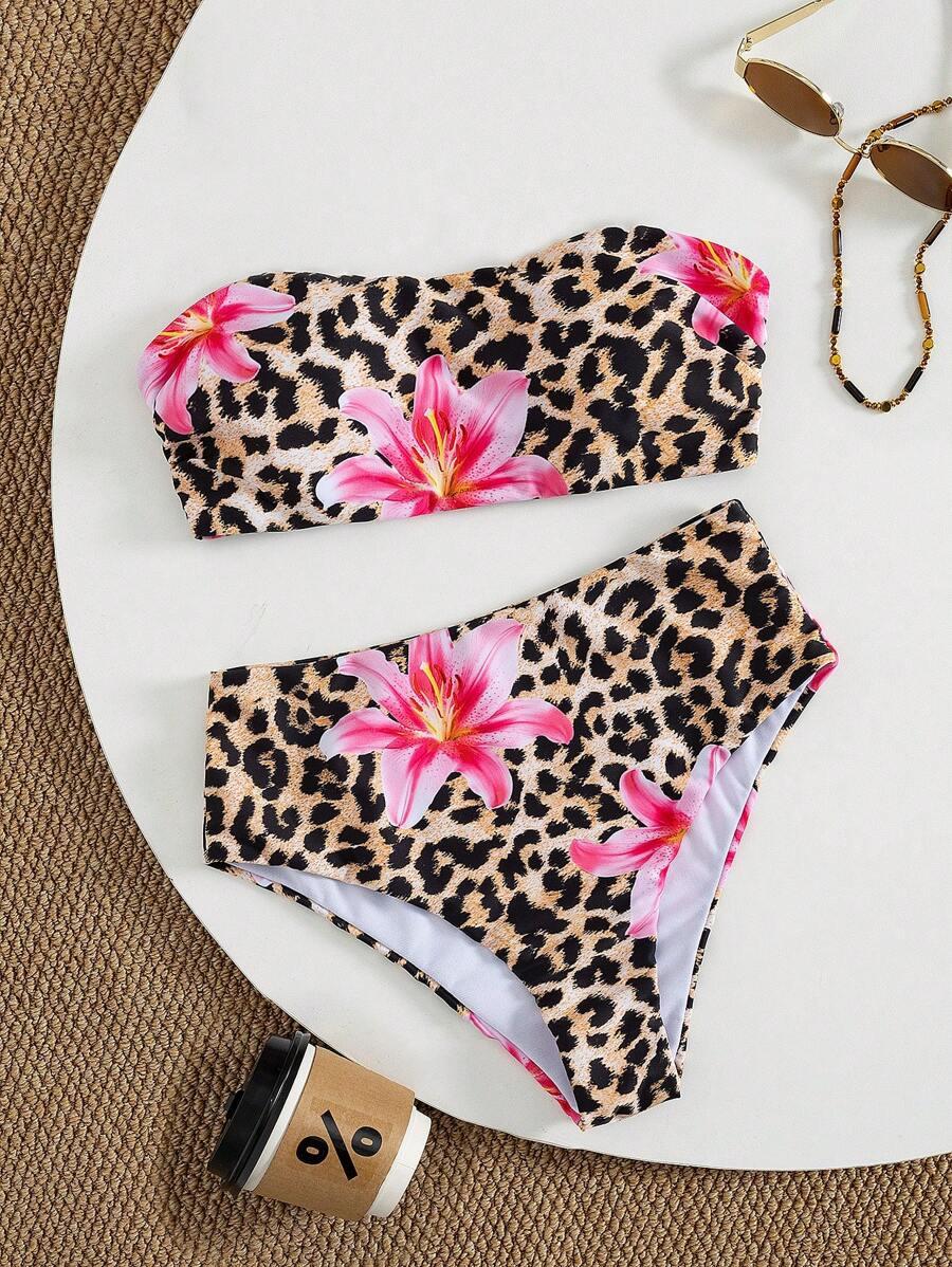 SHEIN DWUCZĘŚCIOWY STRÓJ KĄPIELOWY ANIMAL PRINT KWIATY S09__L