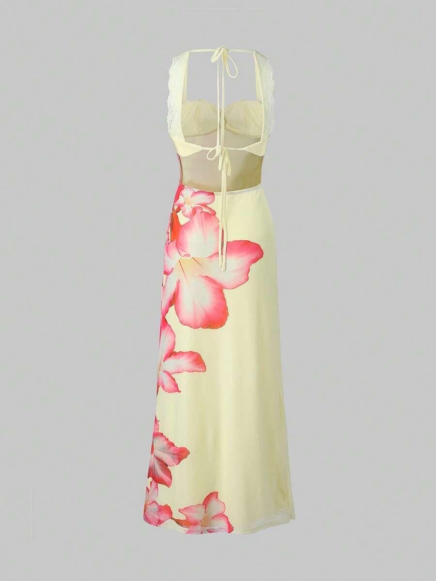 SHEIN ŻÓŁTA MAXI SUKIENKA WZÓR KWIATY S09__S
