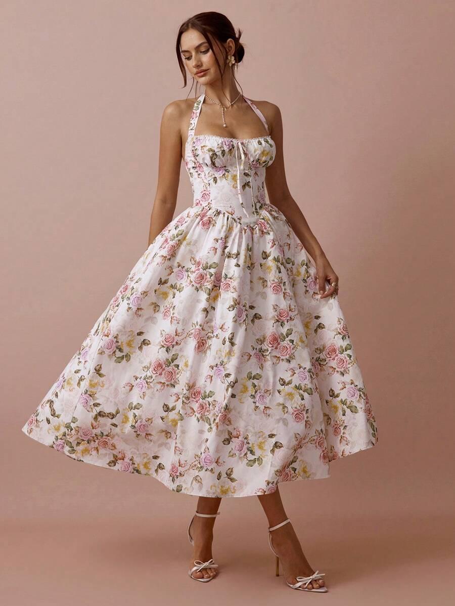SHEIN SUKIENKA ODKRYTE PLECY WZÓR KWIATY S06__M