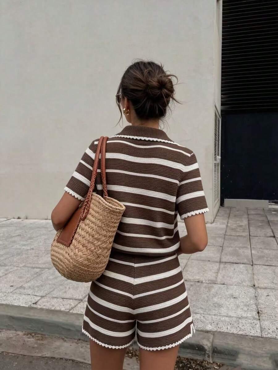 SHEIN BRĄZOWY KOMPLET BLUZKA SPODENKI S06__S