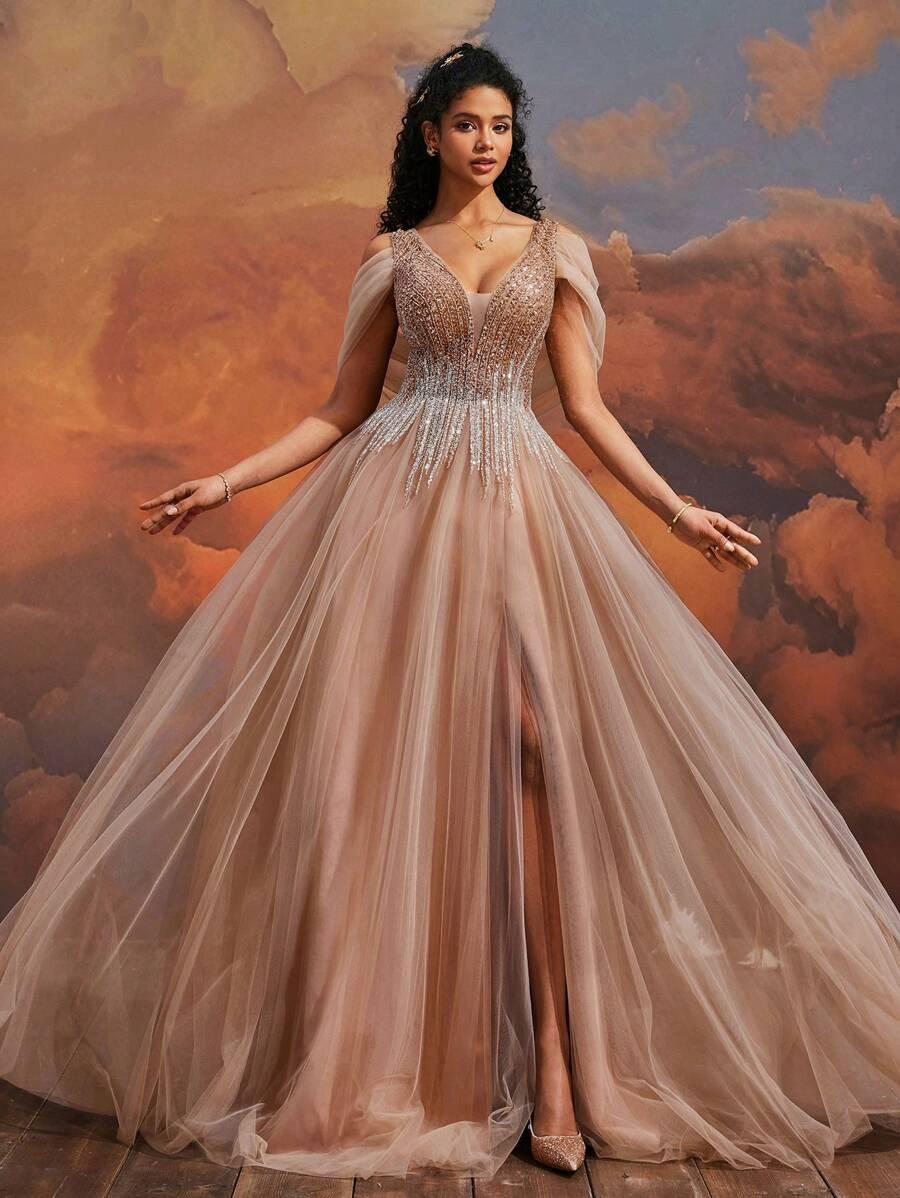 SHEIN ROZKLOSZOWANA MAXI SUKIENKA ZDOBIENIE TIUL ROZCIĘCIE PK01__S