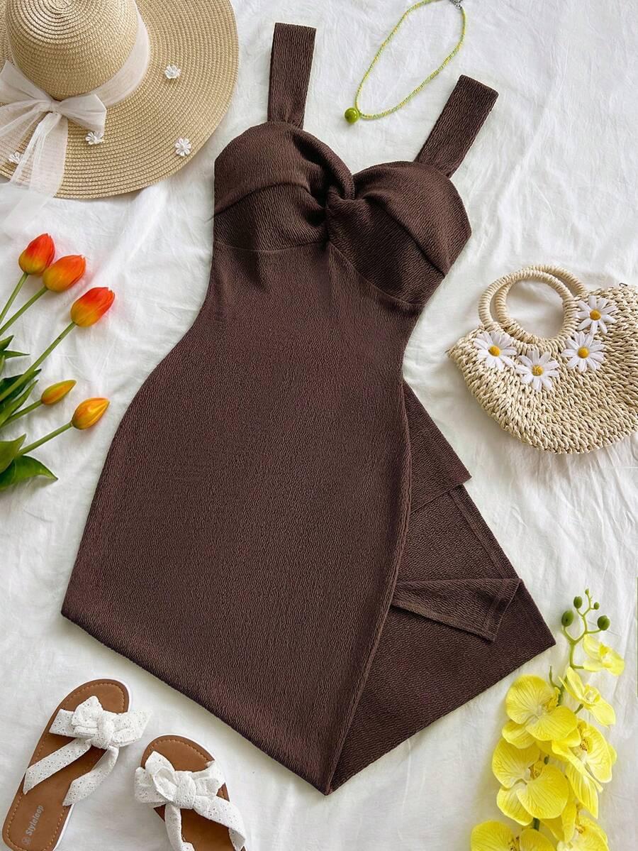 SHEIN BRĄZOWA MAXI SUKIENKA S06__S