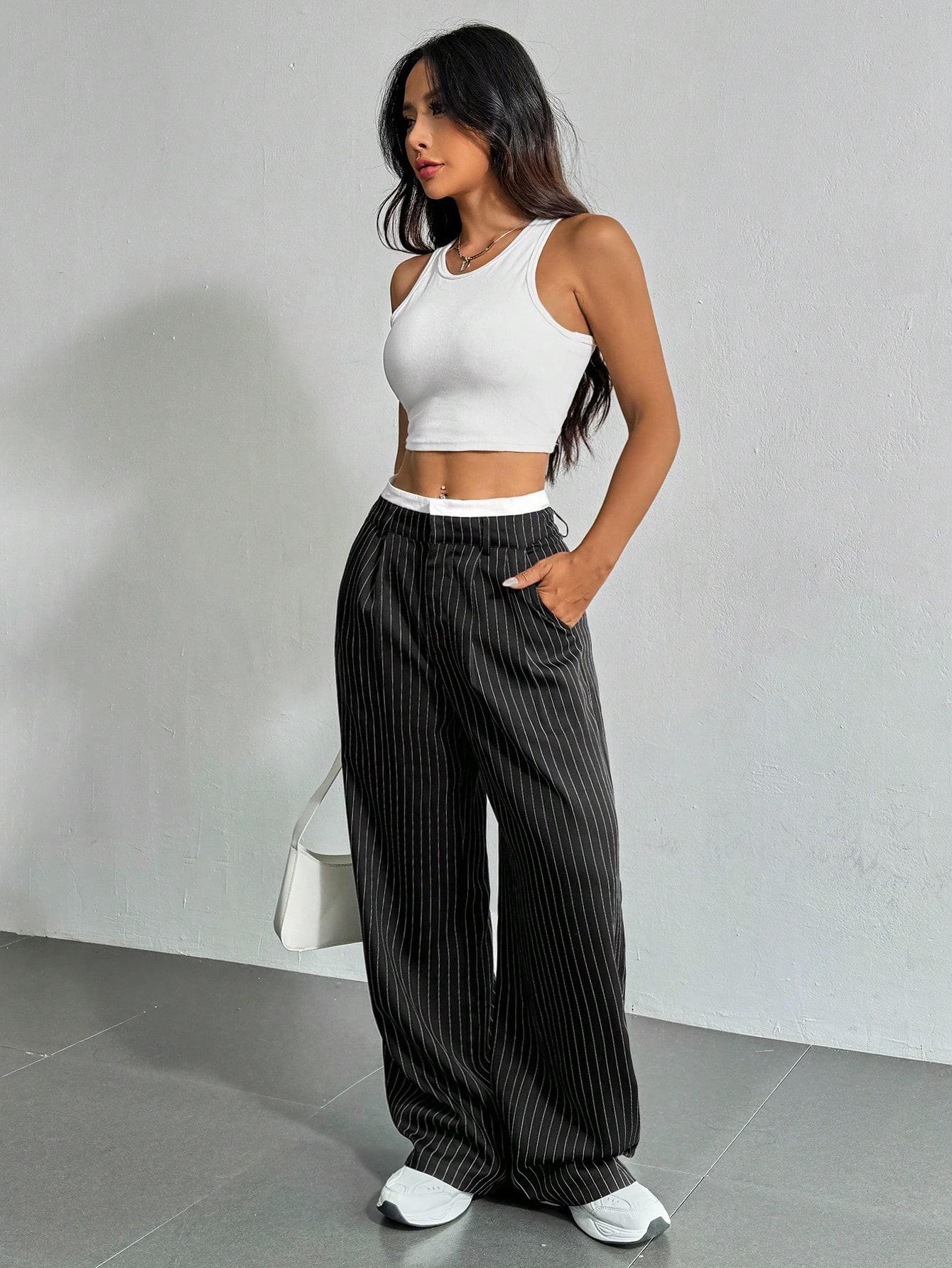 SHEIN CZARNE SPODNIE WZÓR PASKI CASUAL S06__52