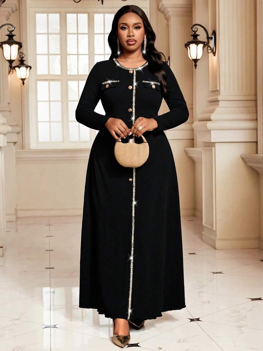 SHEIN CZARNA MAXI SUKIENKA GUZIKI WZÓR PEPITKA S06__XXL