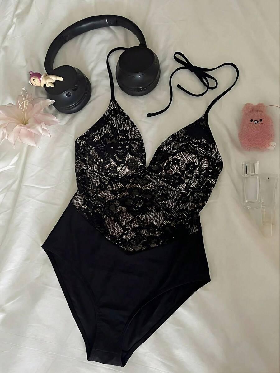 SHEIN CZARNY JEDNOCZĘŚCIOWY STRÓJ KĄPIELOWY S09__M