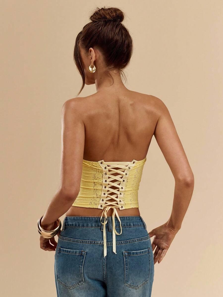 SHEIN ŻÓŁTY GORSET KORONKA S09__L