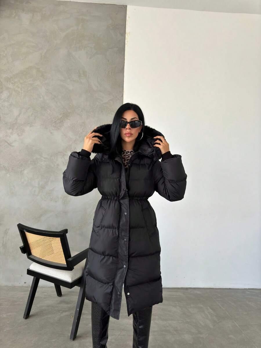 SHEIN CZARNA PIKOWANA KURTKA KAPTUR W01__L