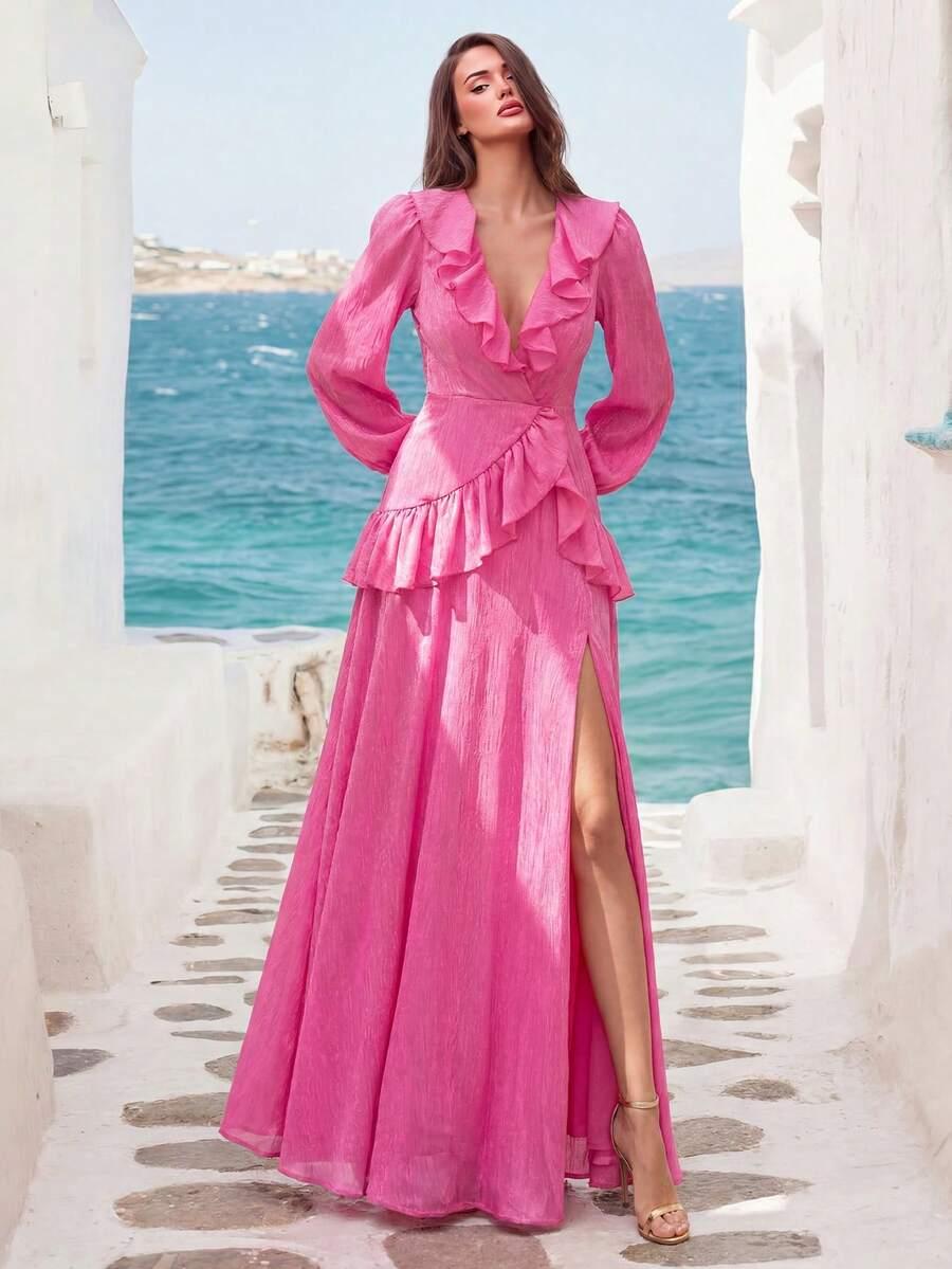 SHEIN RÓŻOWA MAXI SUKIENKA Z DŁUGIM RĘKAWEM S06__L