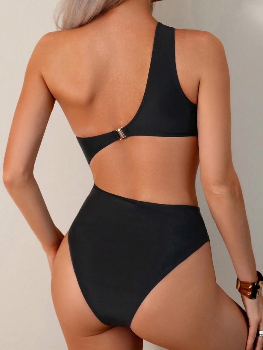 SHEIN CZARNY ASYMETRYCZNY KOSTIUM KĄPIELOWY WYCIĘCIA S09__L