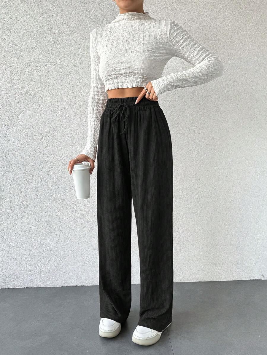 SHEIN CZARNE PROSTE SPODNIE WIĄZANIE TEKSTURA CASUAL S06__M