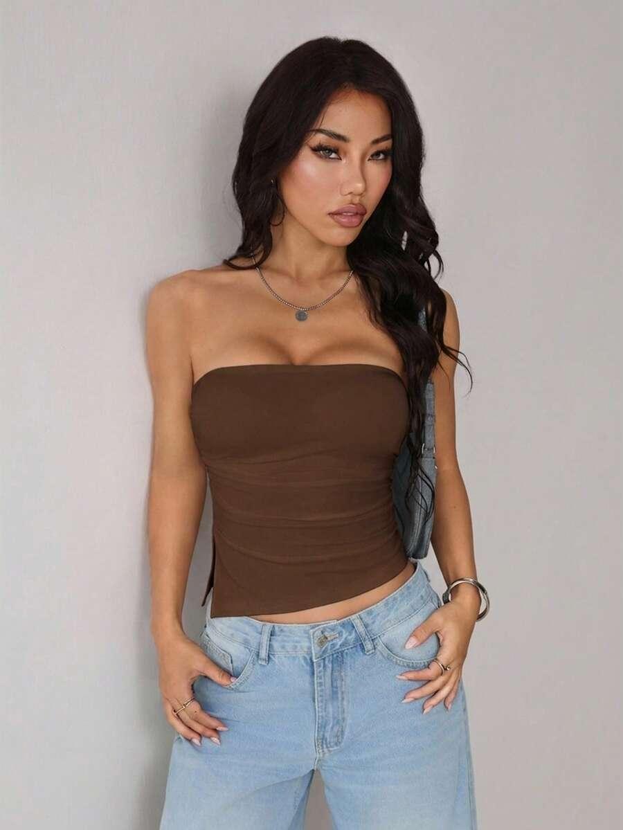 SHEIN BRĄZOWY TOP TUBA MARSZCZENIE S06__XS