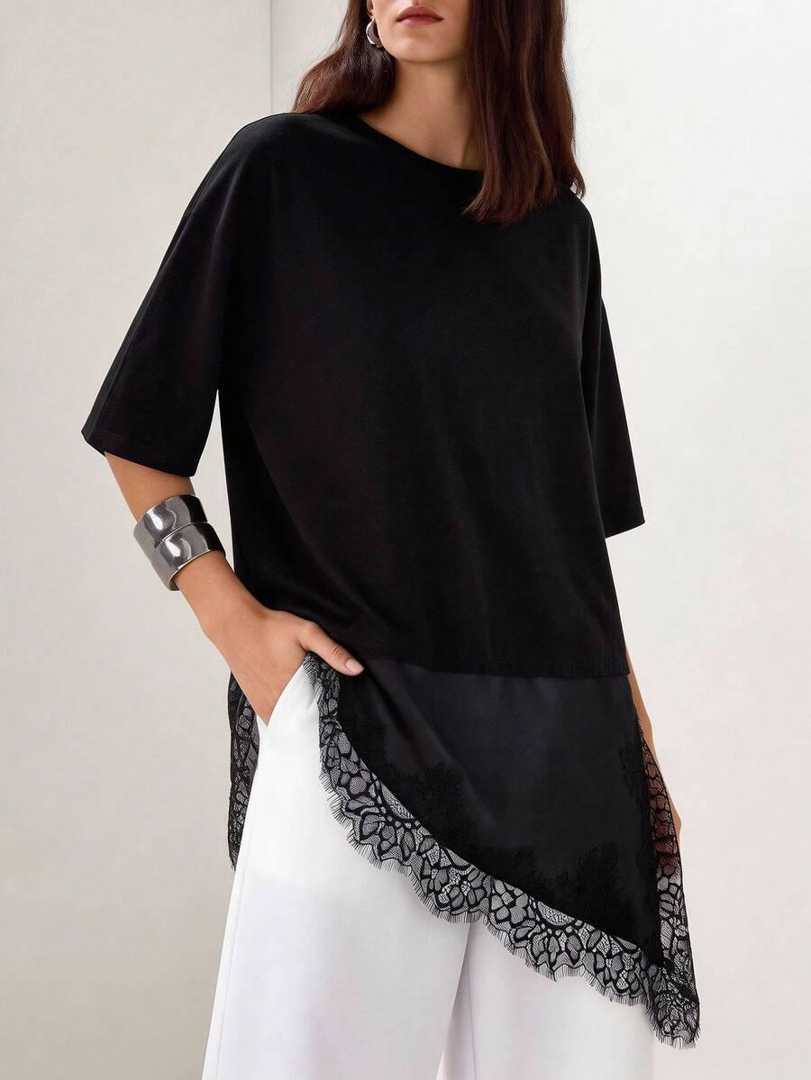 SHEIN CZARNY T-SHIRT KORONKA S06__M