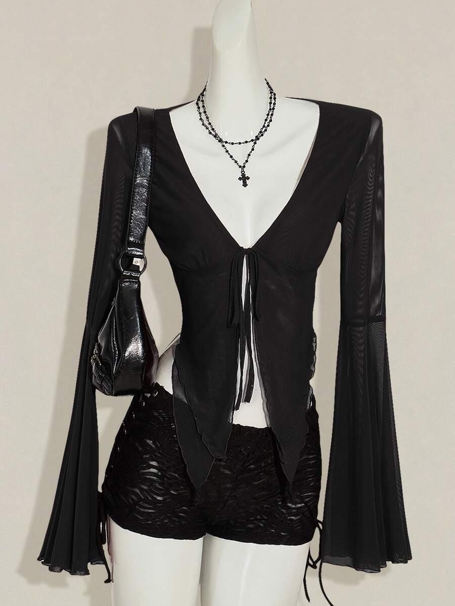 SHEIN CZARNA BLUZKA Z DŁUGIM RĘKAWEM WIĄZANIE S06__XS