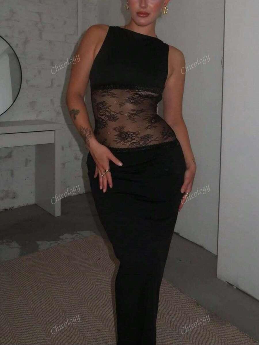 SHEIN CZARNA MAXI SUKIENKA KORONKA