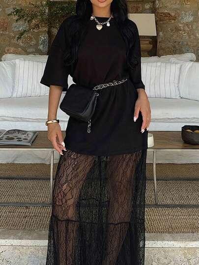 SHEIN CZARNA MAXI SUKIENKA KORONKA S06__XS