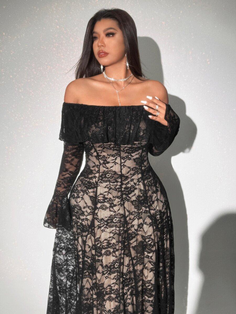 SHEIN CZARNA MAXI SUKIENKA ODKRYTE RAMIONA S06__52