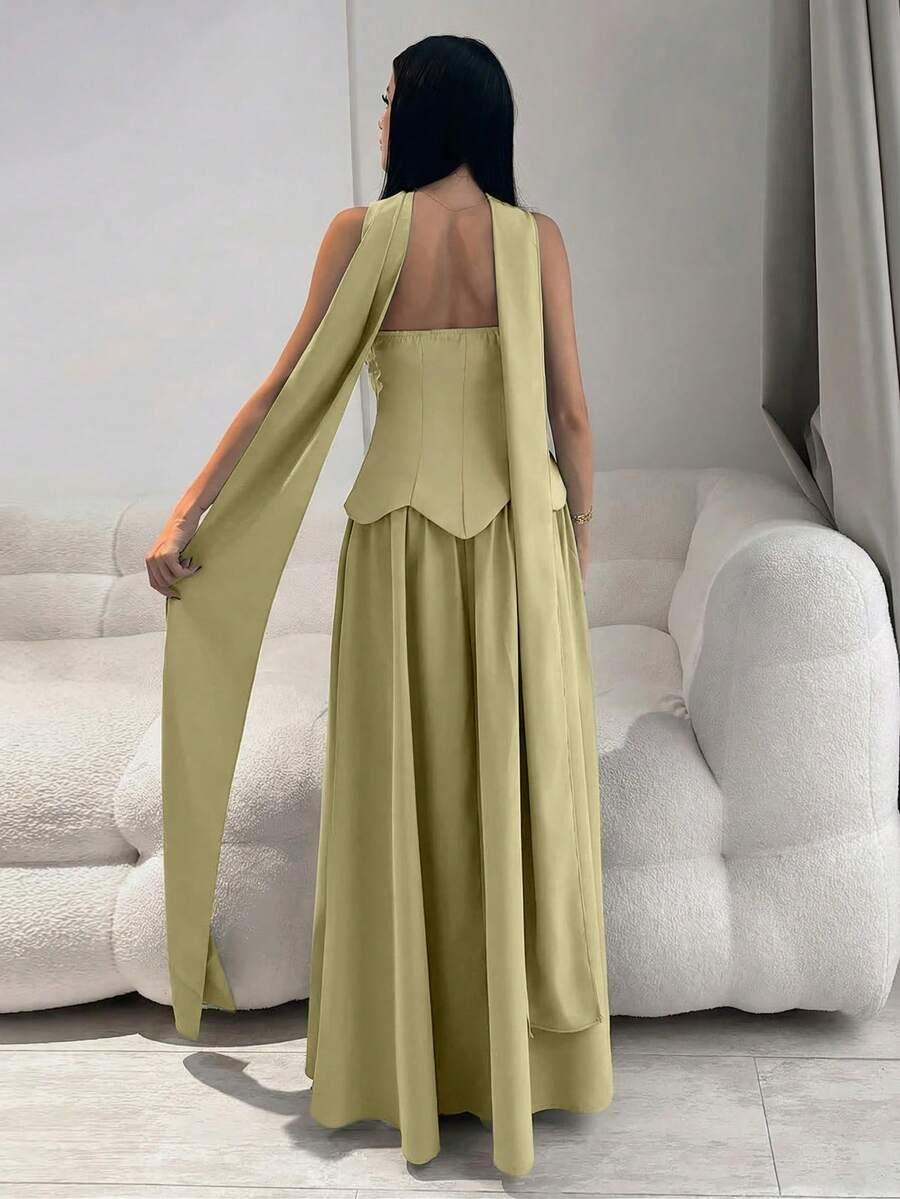 SHEIN GORSETOWA ZIELONA MAXI SUKIENKA ZDOBIENIA SZAL S06__XL
