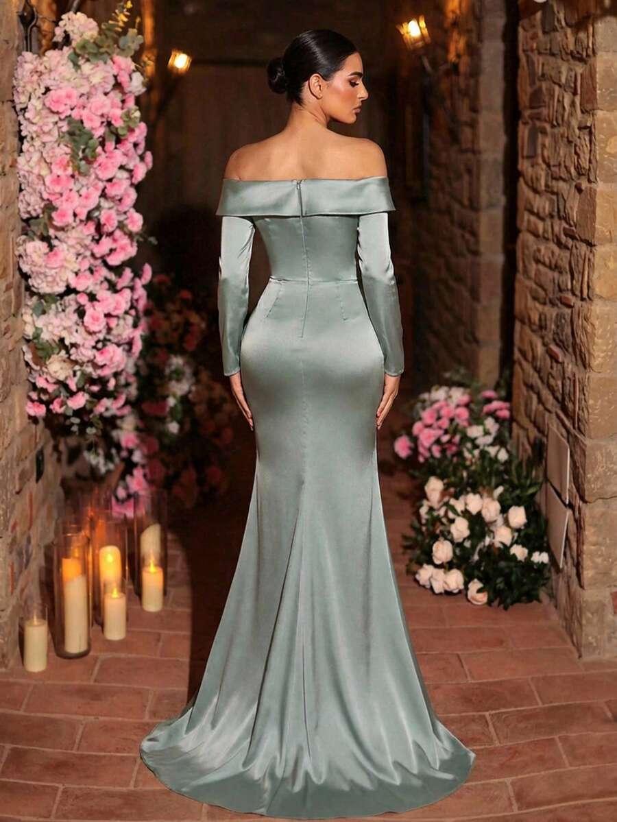 SHEIN SATYNOWA MAXI SUKIENKA ODKRYTE RAMIONA S06__S
