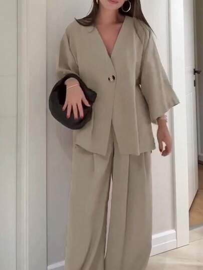 SHEIN BEŻOWY KOMPLET BLUZKA SPODNIE S09__XL